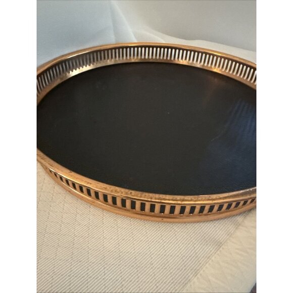 Coppercraft Guild 13" Round Barware Serving Tray Faux Leather Vintage Copper MCM - Picture 7 of 14